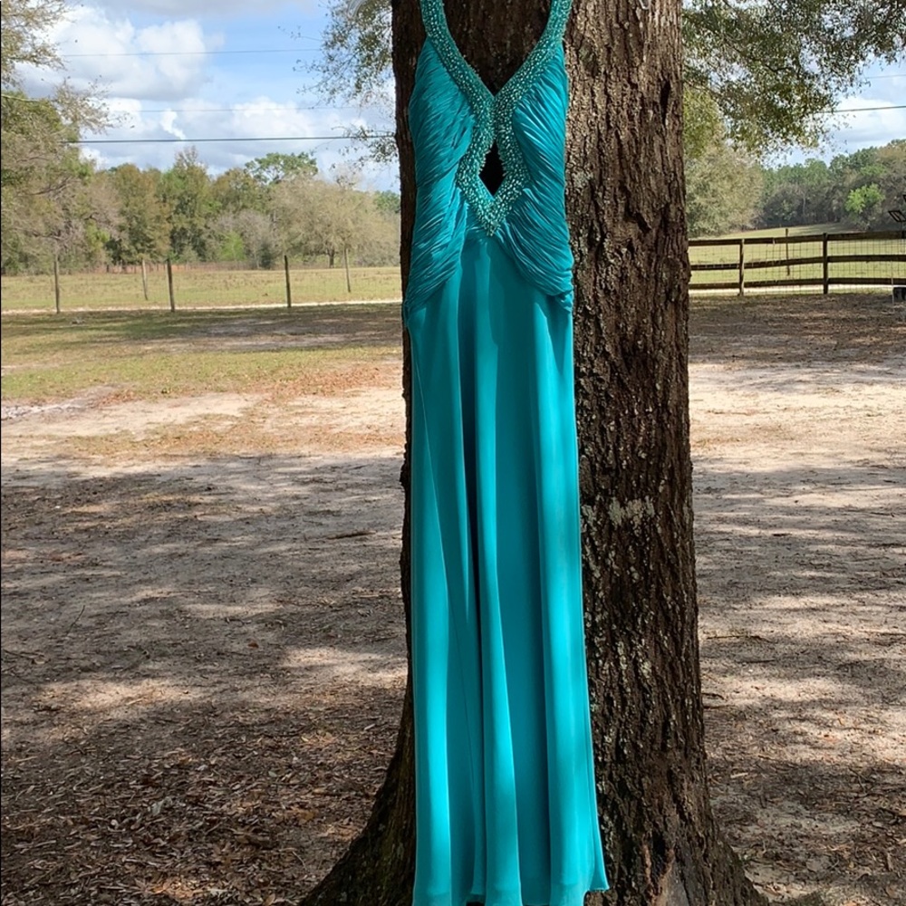 Teal Night Way Collections beaded gown